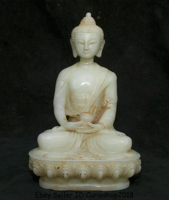 8" Old Natural White Jade Carving Tibet Shakyamuni Amitabha Buddha Lotus Statue