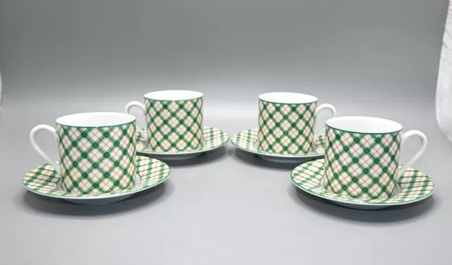 Set of 4 FITZ AND FLOYD Cups & Saucers -Tattersall Green & Orange Plaid - Japan