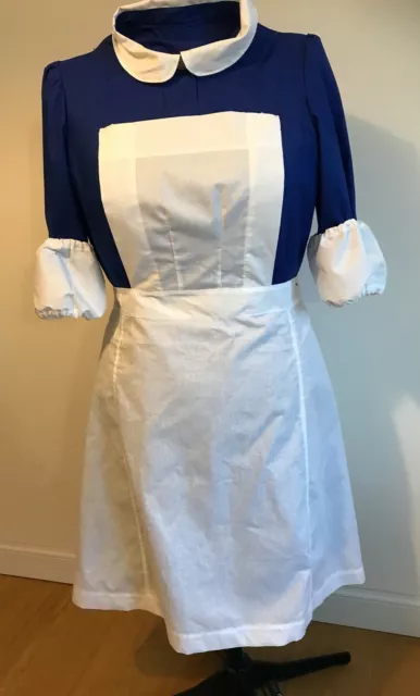 1960s Nurse uniform royal blue dress short sleeve, white apron, oversleeves,new.