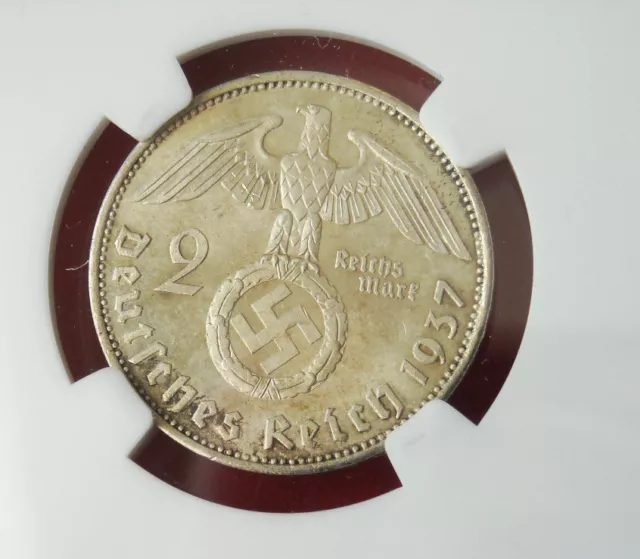 NGC MS-63 NAZI SWASTIKA 1937-A 2 ReichsMark SILVER COIN-German 3rd-REICH MINT!