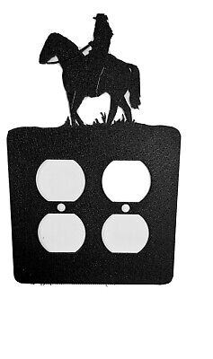 Wall Plate Flat Outlet Cover Black Textured Metal Western Cowgirl on Horse