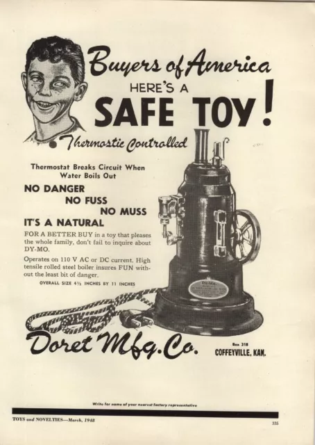 1948 PAPER AD Doret Toy Co Steam Generator Motor Engine Toys Electric