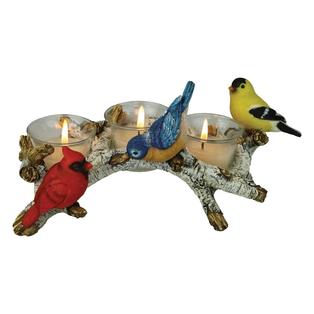 Rivers Edge Products 10 Inch Long 3 Votive Candle Holder Birch w/ Birds 3-Piece