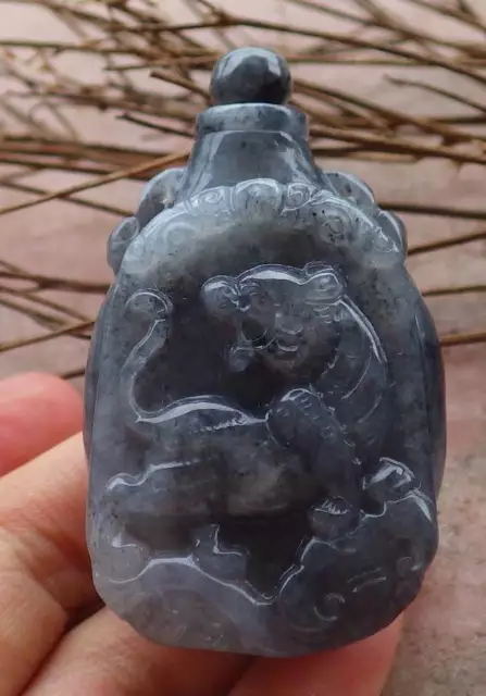 Certified Black Natural A Jade jadeite Display Pendant Tiger Snuff Bottle 443488