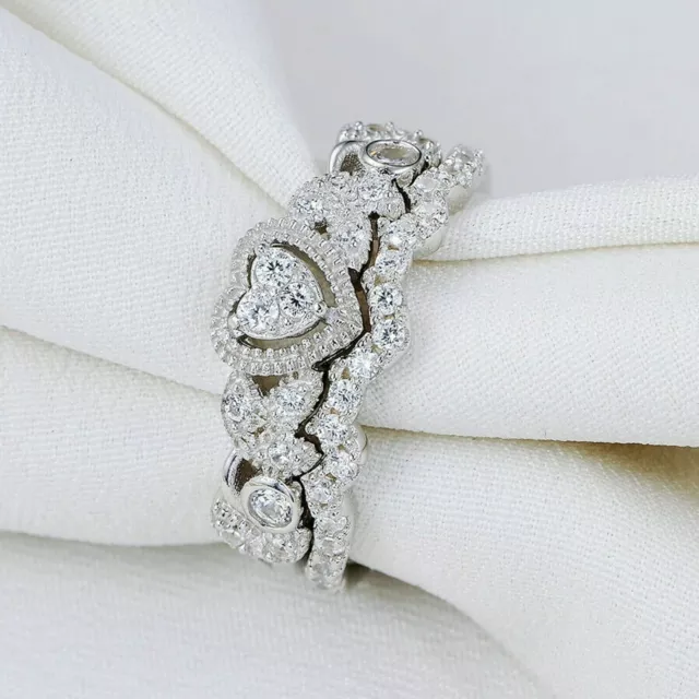 Femme Coeur Diamant Rond 925 Argent Sterling Mariage Fiançailles Bague Set 5-10