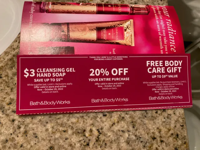 (3) Bath Body Works $3 Hand Soap/20% Off Purchase/body Gift Coupons Exp 10/29/23
