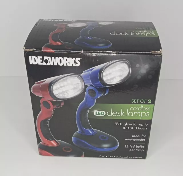 Set of 2 Cordless Desk Lamps 12 LED Bulbs Per Lamp 7.5" Head Pivots Ideaworks