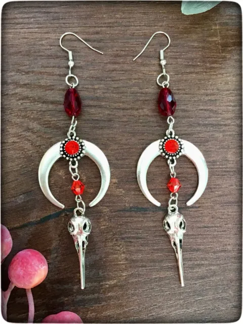 NEW silver colour red beads goth gothic emo punk moon skull boho big earrings