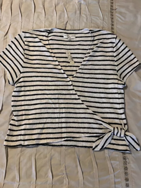 NWT Madewell Texture & Thread Womens Size Large Stripe Short-Sleeve Wrap Top Tie