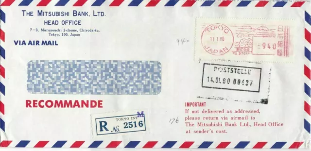 Japan 1980 The Mitsubishi Bank Ltd Regd Airmail Meter Mail Stamp Cover Ref 29972