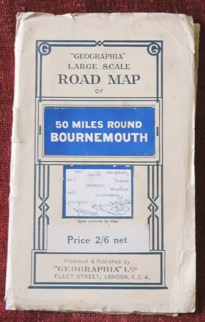 Geographia Large Scale Paper Road Map Of 50 Miles Round Bournemouth - C. 1930