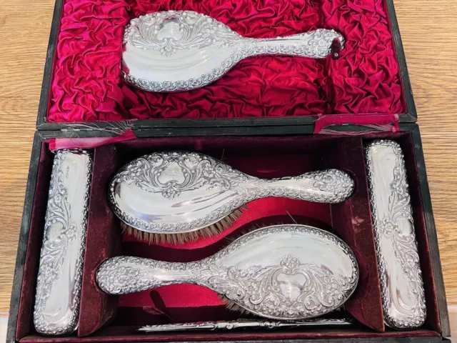 Antique Walker & Hall Dressing Table Brushes & Mirror Set 1901  Sterling Silver