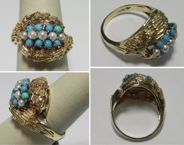 C1754 Estate 14K Solid Yellow Gold Pearl & Turquoise Bypass "Nest" Ring, Sz 8.25
