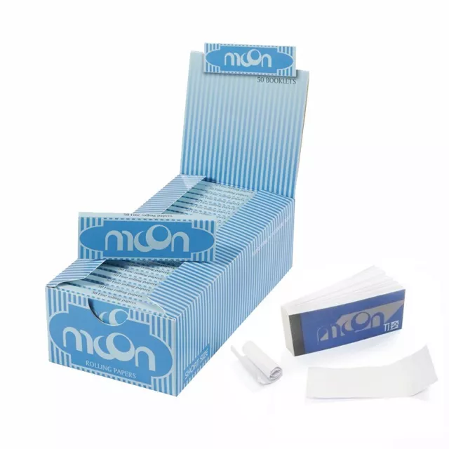 1 Box 50 Booklets Moon Blue Rice Cigarette Rolling Papers 70*36mm with Wood Tips