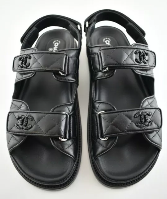 CHANEL BLACK LEATHER Quilted Chain CC Logo Mule Slide Strap Flat