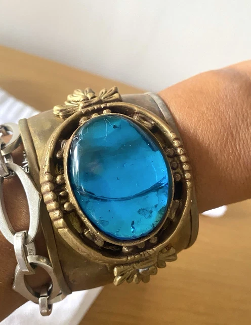 Bracelet Manchette Large Filigrane Fleurs - Argenté Et Turquoise - ANCIEN