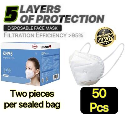 50 Pcs White KN95 Protective 5 Layer Face Mask BFE 95% Disposable BYD Masks