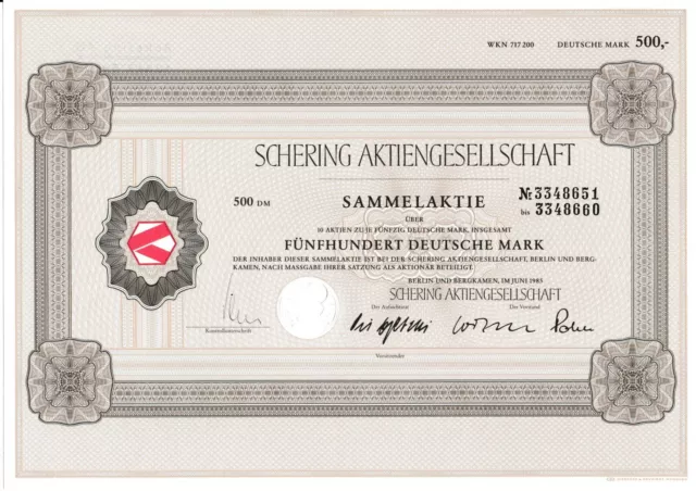 Schering AG Berlin -West 1985 hist DM 500 Aktie Bayer Pharma AG Bergkamen Chemie