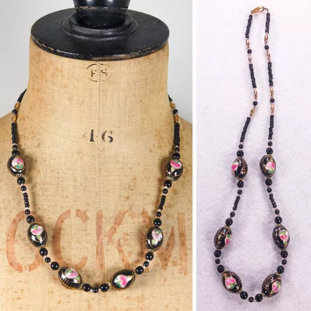 Vintage Chinese Cloisonne Style Floral Bead Necklace Painted Pink Black Flowers