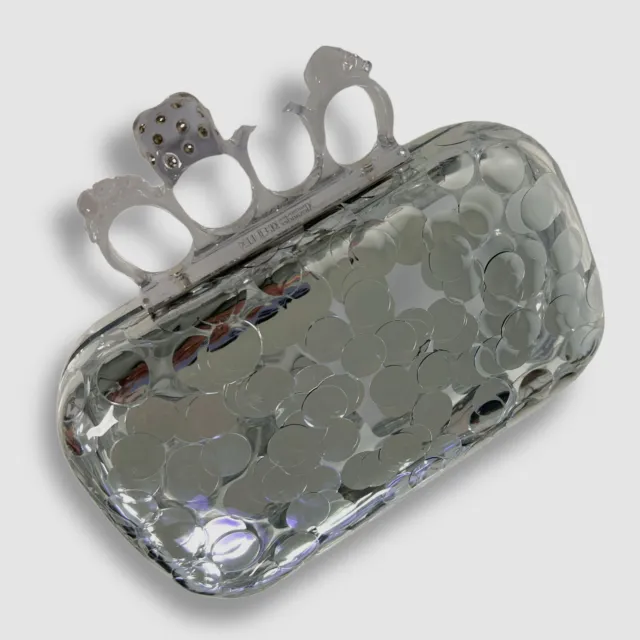 $2592 Alexander McQueen Womens Silver Skull Four-Ring Sequin Box Clutch Hand Bag