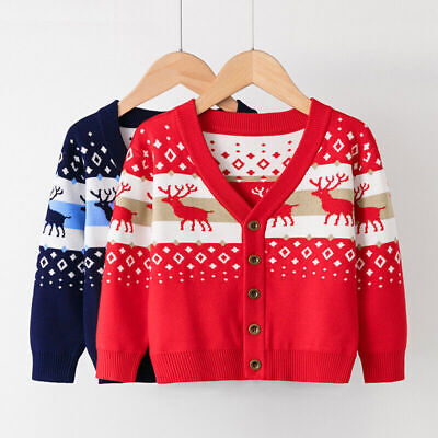 Boys Girls Christmas Eik Sweaters Kids Winter Cardigans Knit Jumper Casual Tops