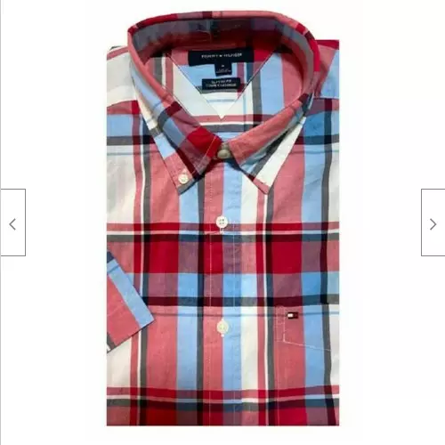 Tommy Hilfiger Men's Button-Down Short Sleeve Cotton Shirt XL Red/Blue   NWT