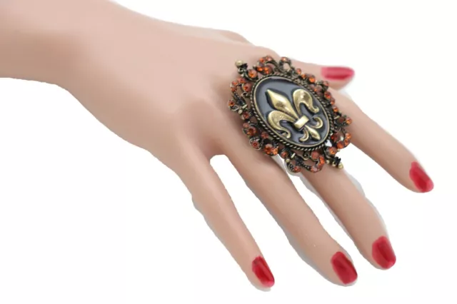 Women Gold Metal Fashion Ring Fleur De Lys French Flower Lily Bling Bold Jewelry