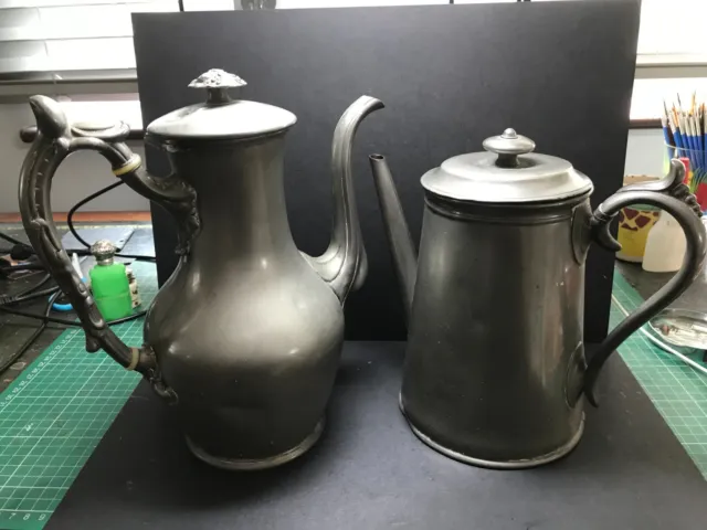 Vintage 19th Century Pewter Coffee & Tea Pots Ornate  Handles James Dixon & Sons