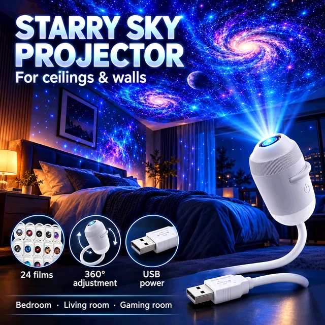 USB GALAXY PROJECTOR 24 Films 360° Night Light Bedroom Wall Ceiling Car ...