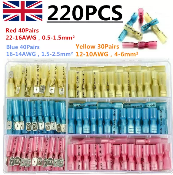 220Pcs Waterproof Electrical Wire Terminals Crimp Connectors Spade Insulated Kit