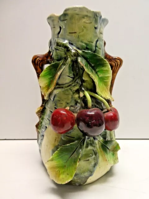 Austrian Pottery Majolica Applied Leaves Cherry Fruit Decorative Arts Vase Urn
