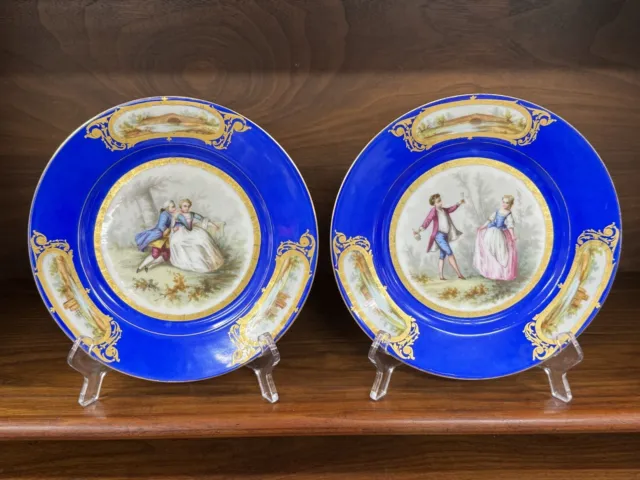 Pair of Sevres Style Blue Hand Painted Porcelain Plates, Courting Watteau Scenes
