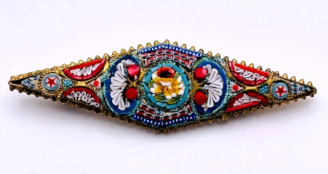 Antique Italian Mosaic Navette Pin Brass Venetian Micro Brooch Flowers 2 3/8"