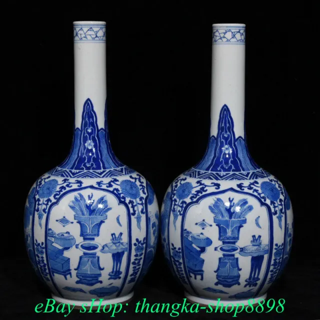 11" Kangxi Old Chinese Blue White Porcelain Palace Flower Bottle Vase Pair