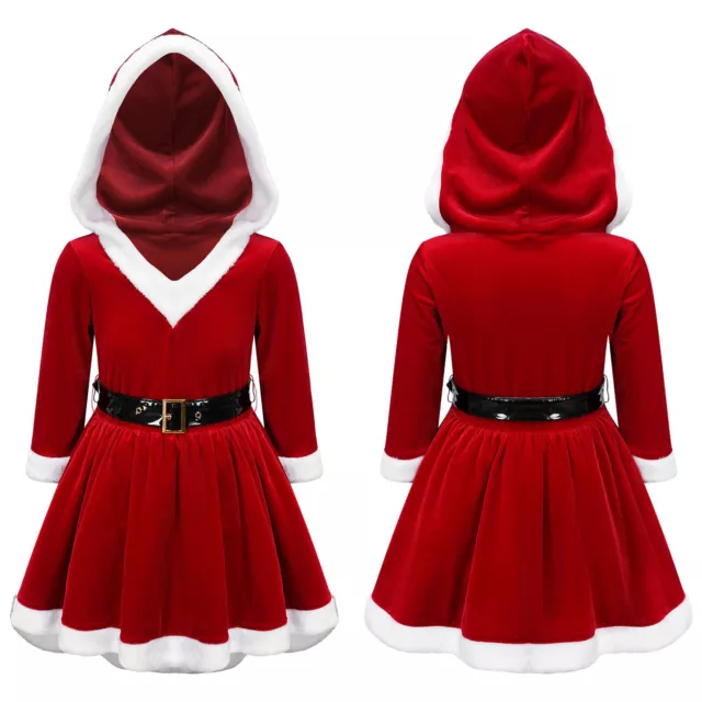 Kinder Mädchen Weihnachten Kleid Langarm Weihnachtskleid mit Kapuze Samt Kleider