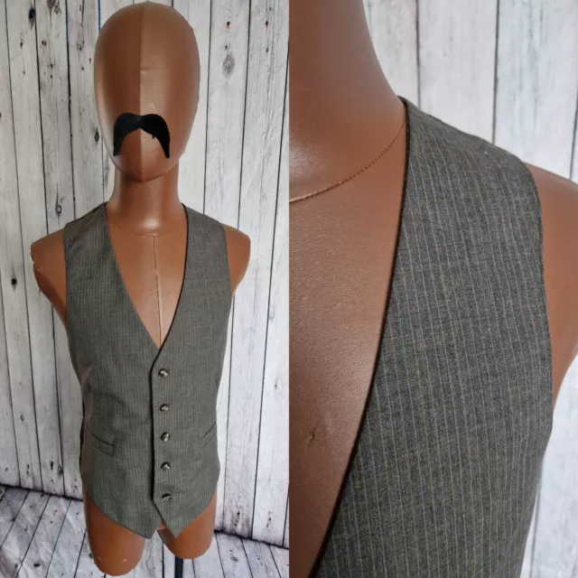 Vintage Pinstripe Waistcoat -Sz 38"- Brown Wool Mix Single Breast BV29u