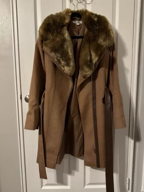 Via Spiga Belted Wool Blend Wrap Coat With Faux Fur Good