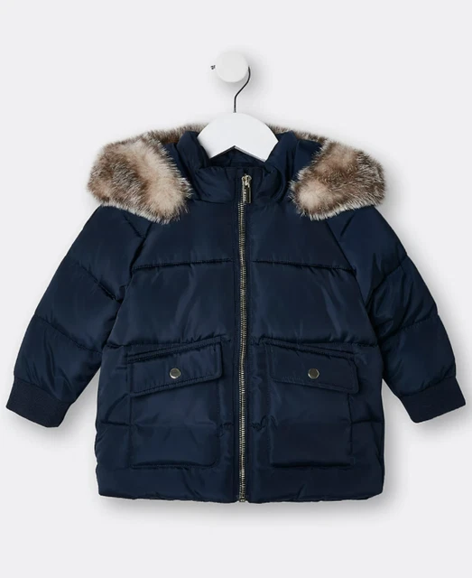 River Island - Mini Girls Padded Coat - Navy - Fur Hood  - Age - 18-24 Months