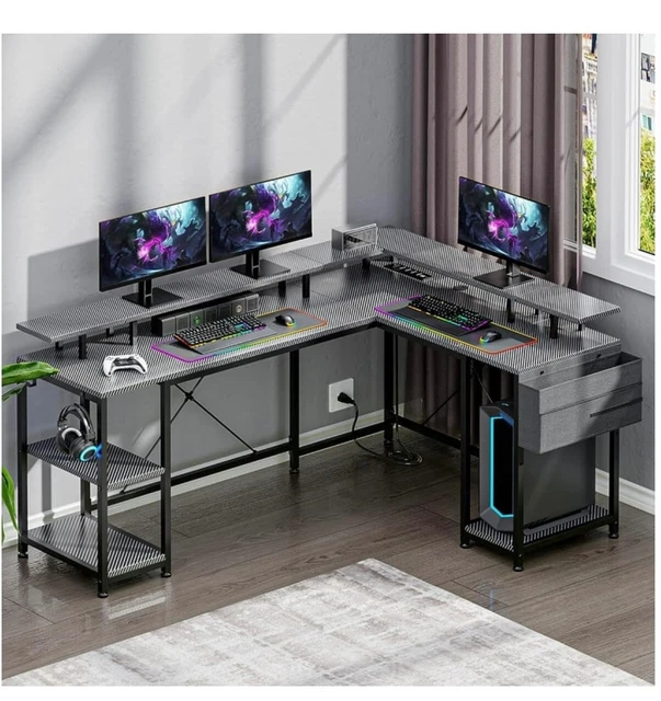 L SHAPED GAMING Desk 95" Reversible Corner Computer Desk Power Outlet