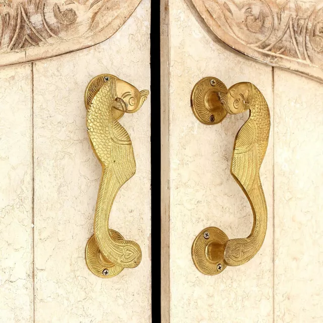 New Rare Handmade  Brass Peacock Door Handles Pulls 20.6 cm Golden