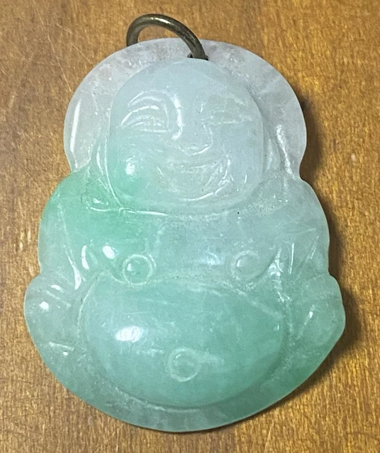Pendentif Bouddha Rieur En Jade Vert Impérial - Sculpture Fine Ancienne, Longueur 66-70cm