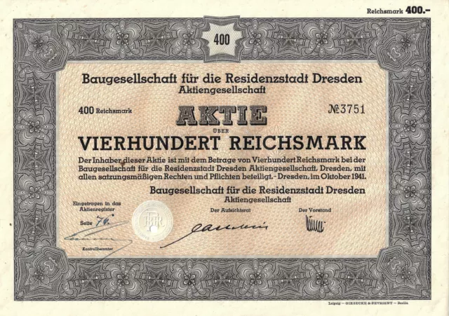 Baugesellschaft für die Residenzstadt Dresden AG - Aktie - 400 RM - Dresden 1941