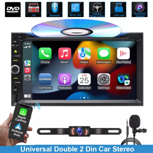 Double 2 Din In Dash w/Apple Carplay 7"Car Stereo Radio CD DVD Player AUX BT Cam