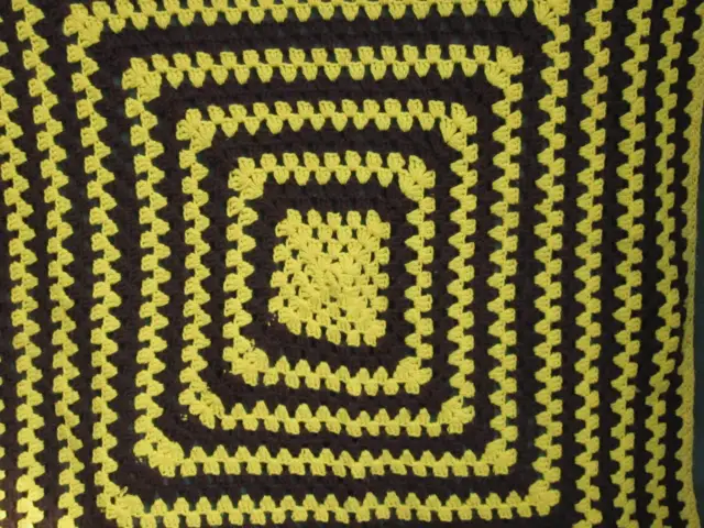 Afghan Throw Blanket Looping Hypnotic Granny Squares Maze Yellow and Brown 44"