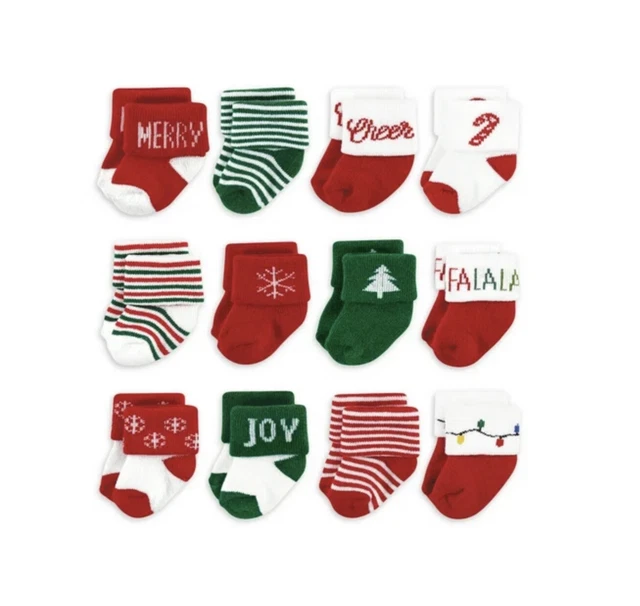 Baby Christmas Socks Boy or Girl NIP 12 Pairs Hudson Baby Size 0-6  6-12 Months