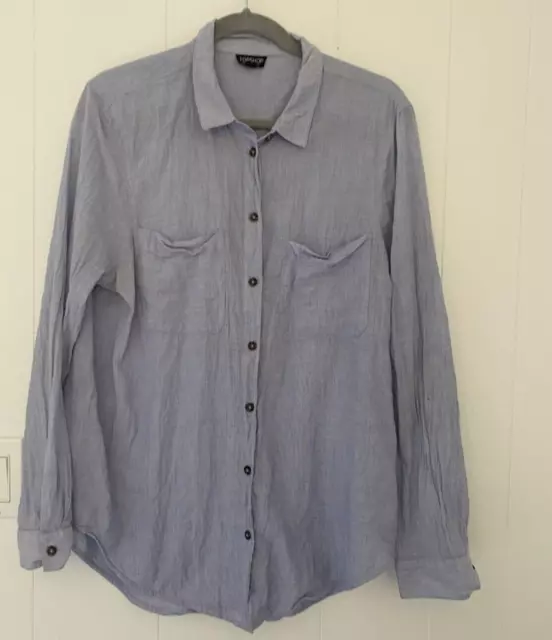 Top Shop Women's Size 12 Blue Chambray Split Back Button Down Long Sleeve Shirt