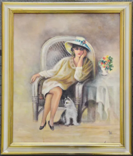 Dipinto a Olio Ritratto Lady Con Gatto, con Cornice, 57 X 47 CM
