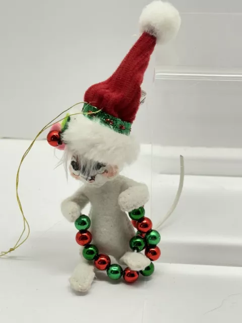 2010 White Annalee Christmas Mouse Ornament With Red Green Beads Santa’s Hat