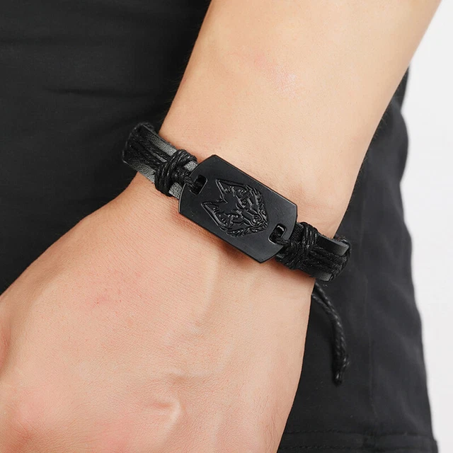 New Men Women Fashion Wolf Head Woven Rope PU Leather Bracelet Gift