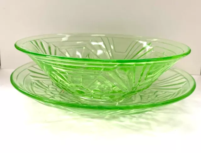 1930's Art Deco green pressed glass berry bowl, holes in base to drain fruit.